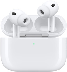 AirPods Pro 3 and MagSafe Charging Case (USB-C), rounded case exterior, LED power indicator, case lid open, white colour, wireless headphones with silicone tips, stem interior features letter L and letter R