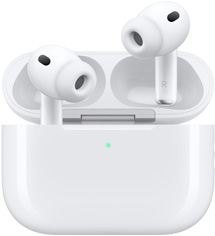 AirPods Pro 3 y estuche de carga MagSafe (USB-C), diseño redondeado del estuche, indicador LED de carga, tapa de estuche abierta, color blanco, auriculares inalámbricos con almohadillas de silicona, cara interna del cuerpo con las letras L y R