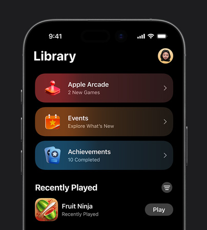 Imagen de la pestaña Biblioteca de Apple Games en un iPhone 17 Pro