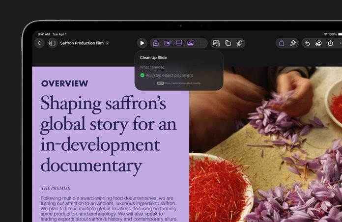 iPad Pro 13 screen, Keynote interface, a purple overview slide, clean up slide feature