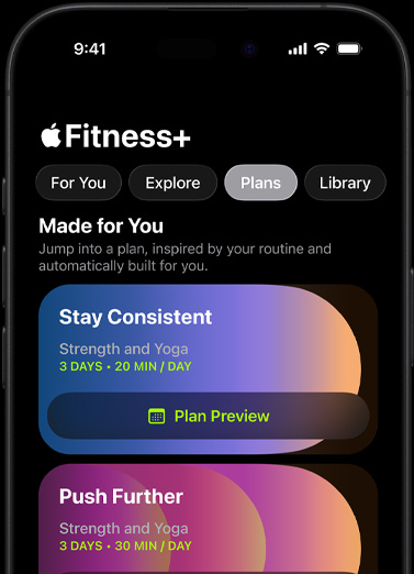 Custom Plans screen showing pre-built plans for Stay Consistent and Push Further on iPhone.
