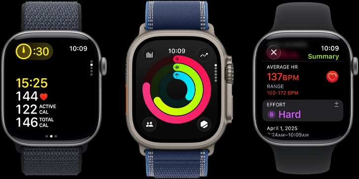 Three Apple Watch devices with workout metrics, Activity rings, and post-workout insights on screen
