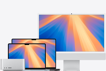 Mac Studio, MacBook Air in Himmelblau, MacBook Pro in Space Schwarz und iMac in Silber