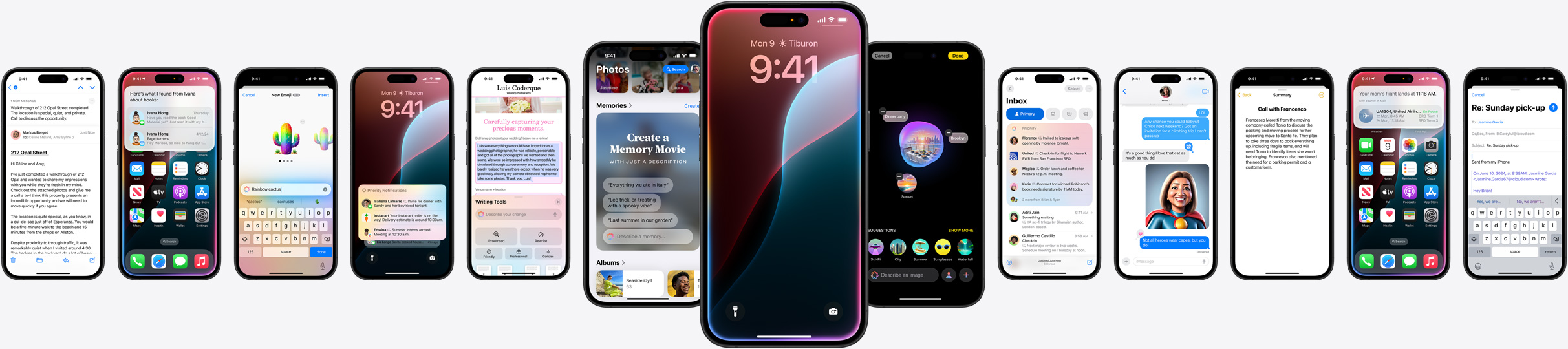 Static image of multiple iPhones showing Apple Intelligence features.
