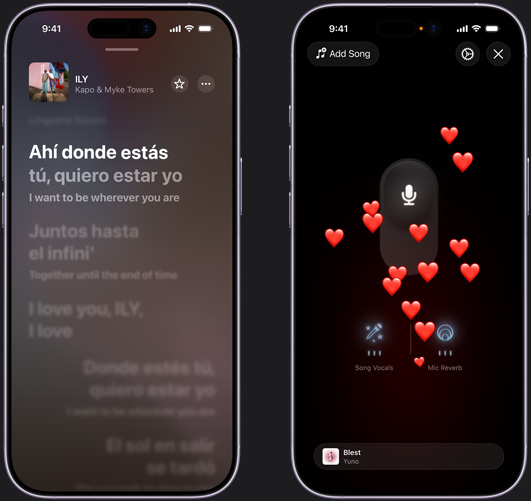 iPhone on left showing Apple Music Sing mode on iPhone playing “ILY” by Kapo and Myke Towers, iPhone on right showing Apple Music Sing mode on iPhone with heart emojis rising up from the bottom of the screen, microphone icon in middle of screen, “Song Vocals” and “Mic Reverb” icons at bottom of screen
