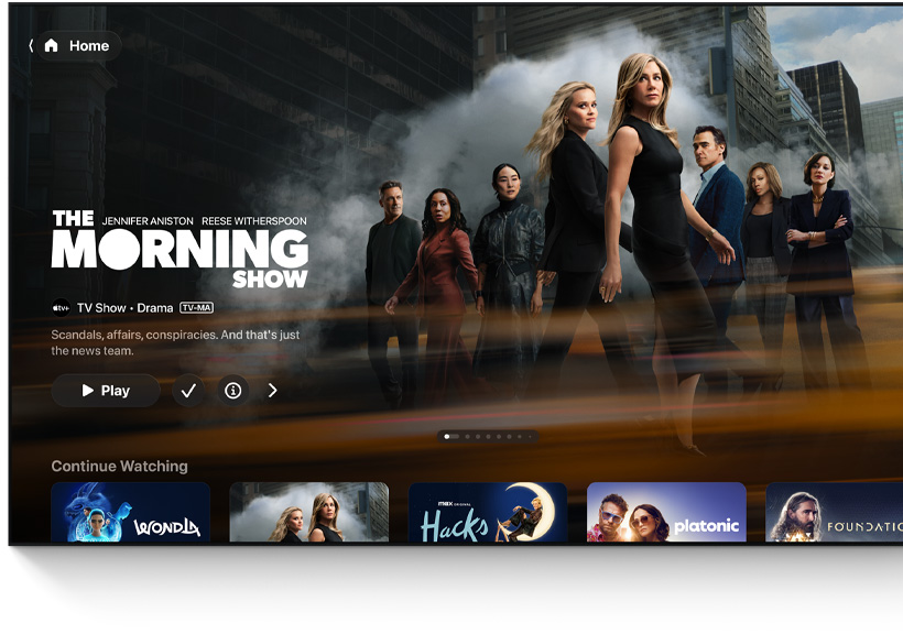 A flatscreen television showing the Apple TV app's homescreen UI