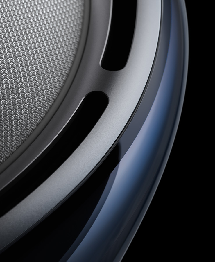 윗면과 앞면이 보이도록 Apple Vision Pro를 클로즈업한 모습.