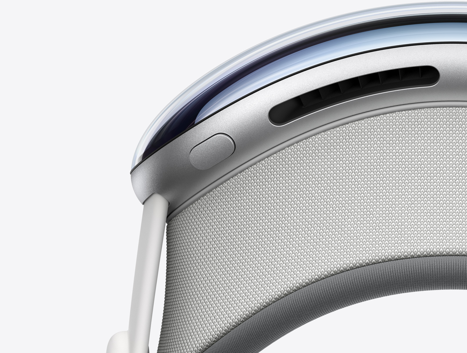 상단 버튼이 보여주는 Apple Vision Pro의 세로 방향 옆모습.