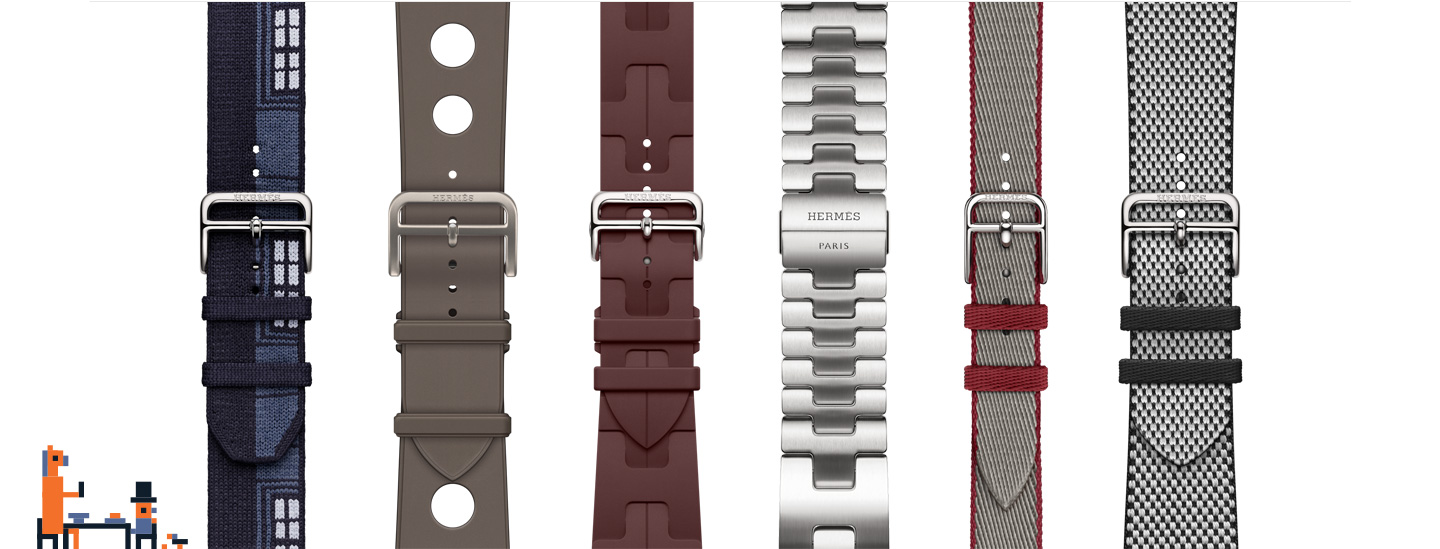 一個人和一隻馬坐在桌前的像素畫；Hermès 錶帶備有多款風格和顏色可供選擇