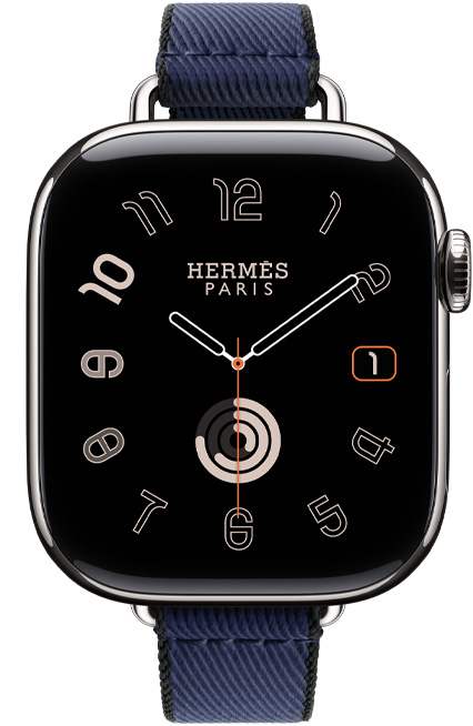 Apple Watch Hermès Series 11，採用銀色鈦金屬錶殼，展示 Radial 錶面，配搭 Navy/Noir 海軍藍色配黑色 Twill Jump Attelage Single Tour 錶帶
