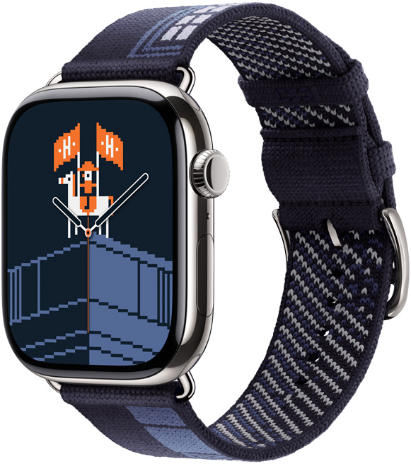 Apple Watch Hermès Series 11，採用銀色鈦金屬錶殼，展示 Faubourg Party 錶面及錶帶