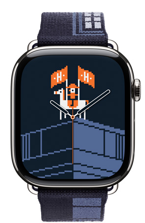 Apple Watch Hermès Series 11，採用銀色鈦金屬錶殼，展示 Faubourg Party 錶面及錶帶