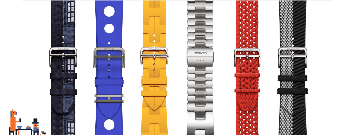 Pixel art of a person and horse siting at a table, available Apple Watch Hermès straps in varying styles and colours