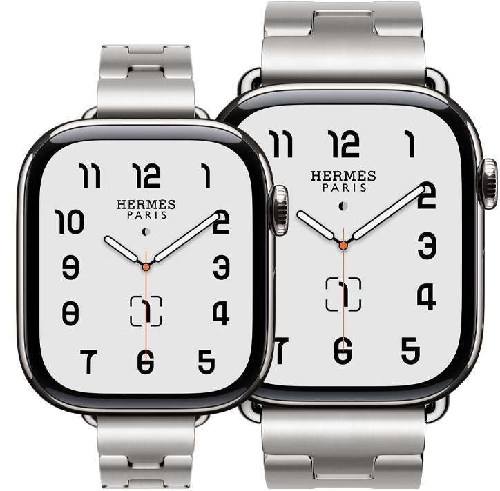 Two Apple Watch Hermès Series 11 devices, titanium cases, silver colour, satiné colour Grand H Fin and Grand H straps