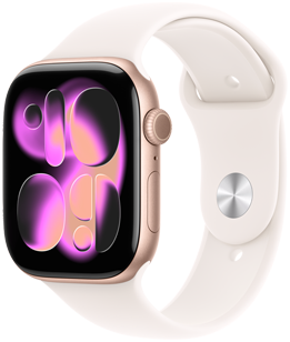 Apple Watch Series 11，展示玫瑰金色鋁金屬錶殼，搭配淡胭粉色運動型錶帶，以及銀色按插式錶扣，螢幕顯示流動錶面，機身右側展示數位錶冠、麥克風、側邊按鈕