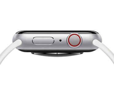 銀色 Apple Watch，展示右側的側邊按鈕、麥克風孔和數位錶冠