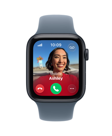 Apple Watch SE 3, aluminum case, midnight color, incoming call, contact photo, accept and decline call buttons, right side exterior, Digital Crown, Sport Band, anchor blue color