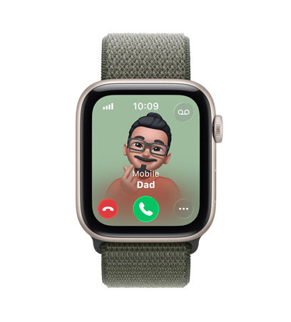 Apple Watch SE 3, aluminum case, starlight colour, incoming call from Dad, Memoji contact photo, accept and decline call buttons, Sport Loop, forest green colour