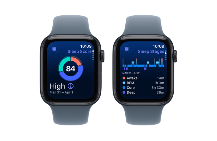 Apple Watch SE 3, sleep score, circle graph and score number, sleep stages analyzes awake, REM, core and deep sleep stages
