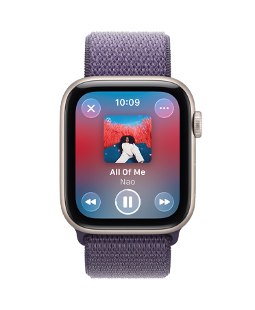 Apple Watch SE 3, aluminium case, starlight colour, media playback, Apple Music, right side, Digital Crown, strap, Sport Loop, purple fog colour