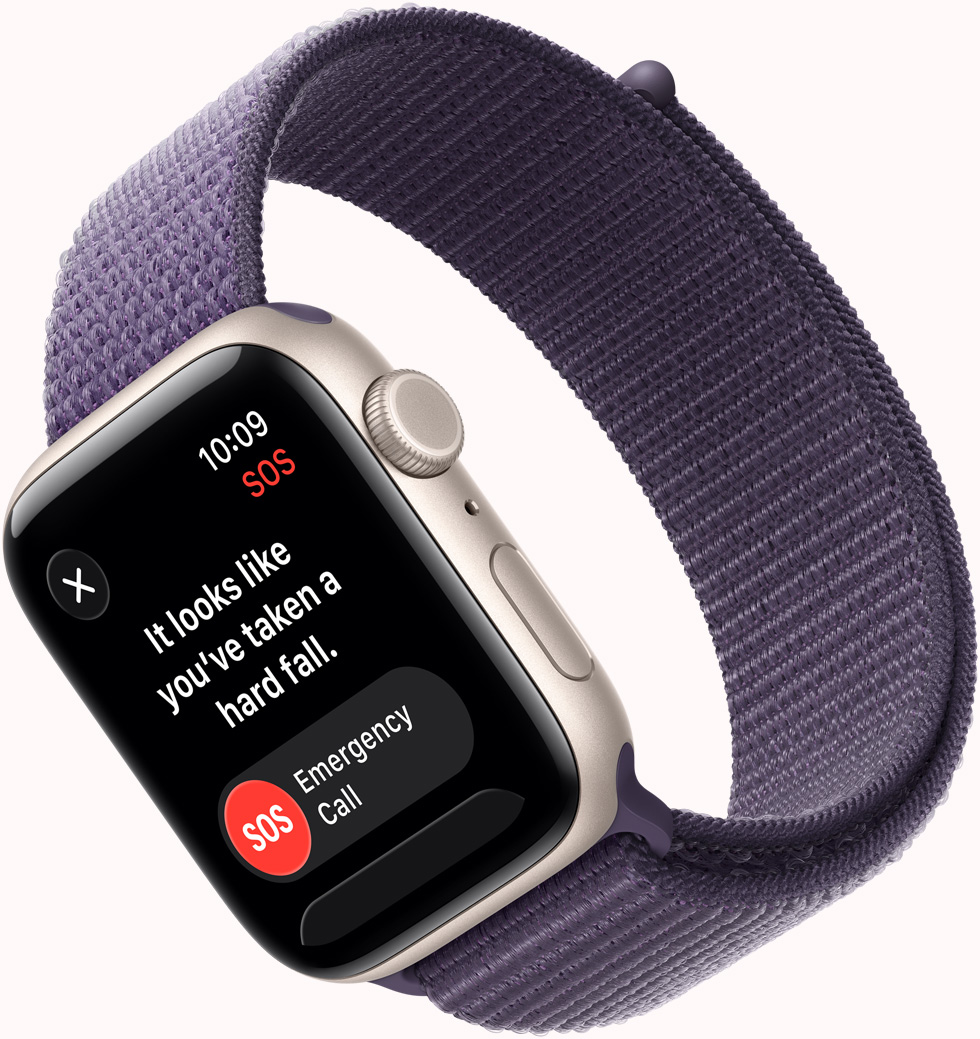 Apple Watch SE 3, aluminium case, starlight colour, SOS Fall Detection notification, emergency call button, right side exterior, Digital Crown, microphone, side button, strap, Sport Loop, purple fog colour