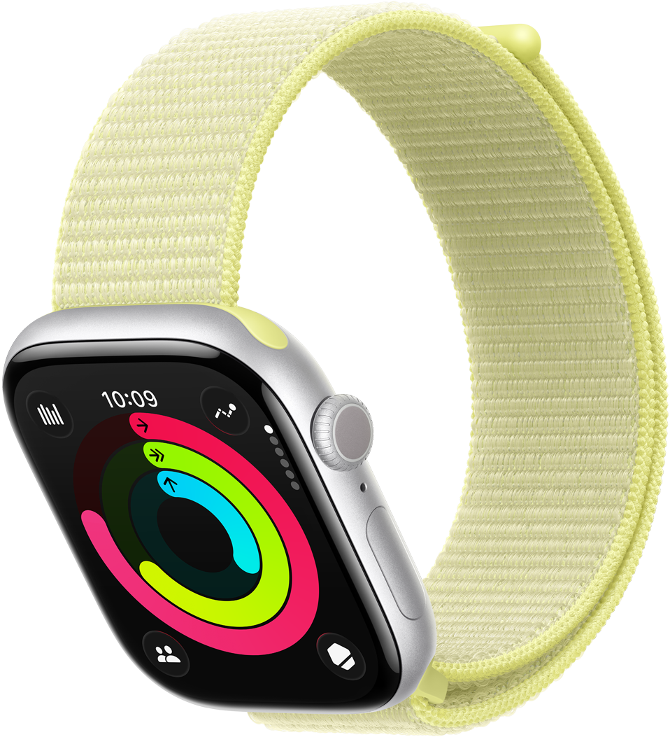 Apple Watch Series 11，展示銀色鋁金屬錶殼，搭配霓虹黃色運動型錶環，活動紀錄圓圈顯示活動、運動與站立，機身右側展示數位錶冠轉盤、側邊按鈕、麥克風 