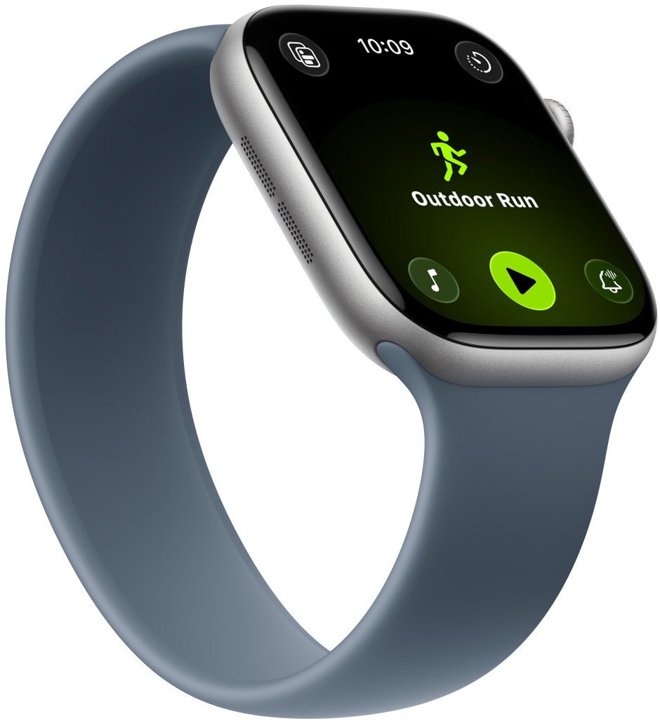 Apple Watch Series 11, polished jet black colour, aluminum case, Workout app, workout cards: Outdoor Run, Outdoor Skating, band, anchor blue Solo Loop