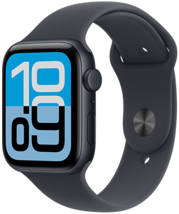Apple Watch SE 3，展示午夜色鋁金屬錶殼、變動錶面，機身右側展示數位錶冠、麥克風、側邊按鈕，搭配午夜色運動型錶帶，以及銀色按插式錶扣