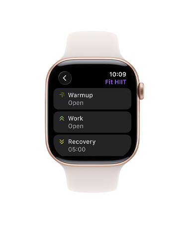 Apple Watch Series 11, gold colour, titanium case, Workout app, Custom Workout card, band, light blush Sport Band