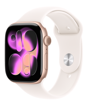 玫瑰金色鋁金屬錶殼搭配淡胭粉色運動型錶帶的 Apple Watch Series 11，展示流動錶面，以及右側的數位錶冠、麥克風和側邊按鈕
