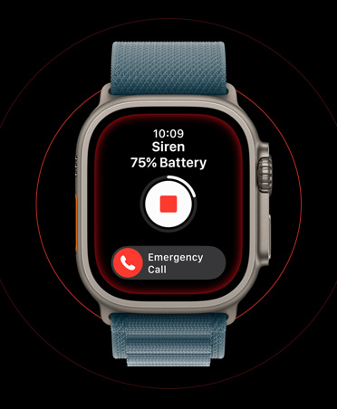 Apple Watch Ultra 3, natural colour, titanium case, activated Siren screen, stop and SOS Emergency Call buttons, band, anchor blue Alpine Loop