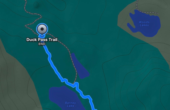 Mapa z trasami własnymi, widać szacowany czas i odległość do podanego miejsca