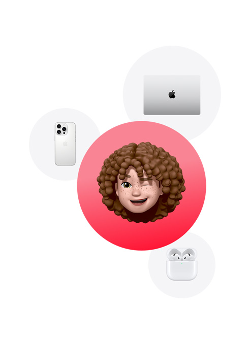 An iPhone 16 Pro in White Titanium color, a MacBook in Silver color, and AirPods 4 surrounding a Memoji of a person winking