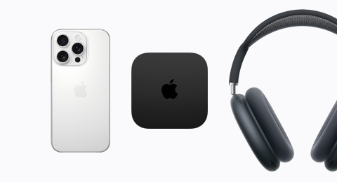 An iPhone 16 Pro in White Titanium color, an Apple TV 4K, and AirPods Max in Midnight color