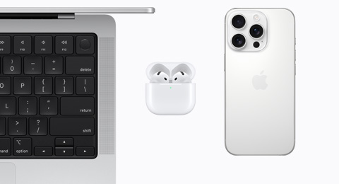 An open MacBook in Silver color, AirPods 4, and an iPhone 16 Pro in White Titanium color