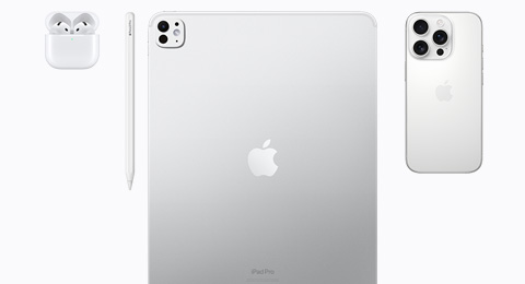 AirPods 4, an Apple Pencil Pro, an iPad Pro in Silver color, and an iPhone 16 Pro in White Titanium color