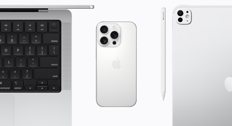 An open MacBook in Silver, an iPhone 16 Pro in White Titanium color,  an Apple Pencil Pro, and an iPad Pro in Silver color