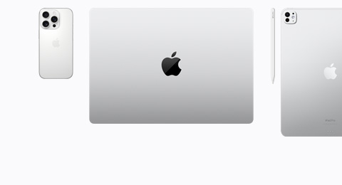An iPhone 16 Pro in White Titanium color, a closed MacBook in Silver color, an Apple Pencil Pro, and an iPad Pro in Silver color