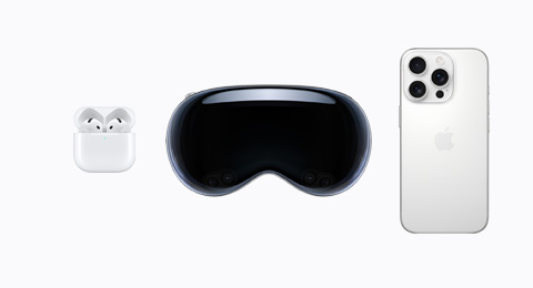 AirPods 4, Apple Vision Pro, and an iPhone 16 Pro in White Titanium color