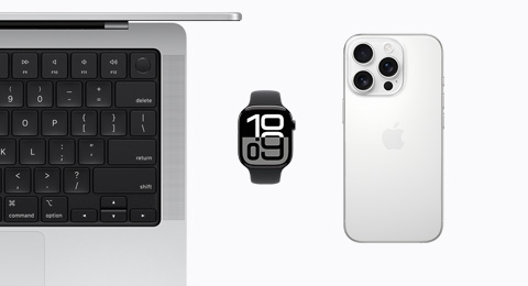 An open MacBook in Silver color, an Apple Watch Series 10 in Jet Black aluminum color, and an iPhone 16 Pro in White Titanium color