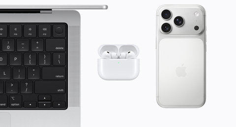 An open MacBook in Silver color, AirPods Pro 3, and an iPhone 17 Pro in Silver color