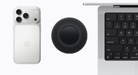 An iPhone 17 Pro in Silver color, a HomePod in Midnight color, and an open MacBook in Silver color