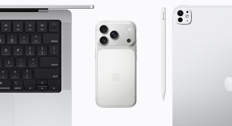 An open MacBook in Silver, an iPhone 17 Pro in Silver color,  an Apple Pencil Pro, and an iPad Pro in Silver color
