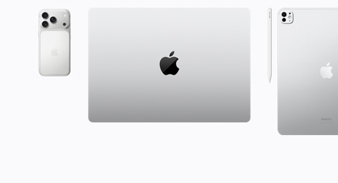 An iPhone 17 Pro in Silver color, a closed MacBook in Silver color, an Apple Pencil Pro, and an iPad Pro in Silver color