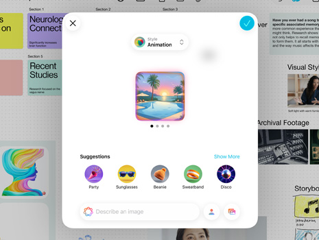 Interface de l’expérience Image Playground montrant une piscine bordée de palmiers durant un coucher de soleil coloré, avec des suggestions d’éléments à ajouter à l’image.
