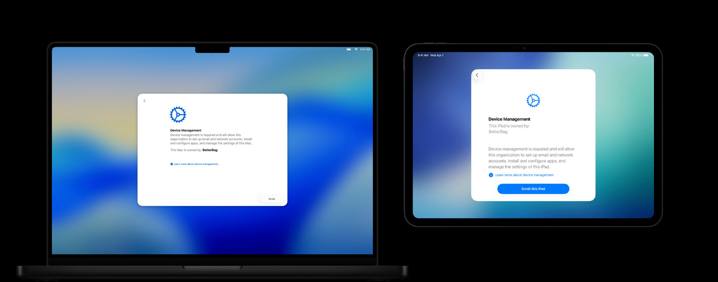 Deux appareils Apple côte à côte : un Mac qui affiche une fenêtre de gestion des appareils et un iPad qui affiche l’écran de gestion des appareils.