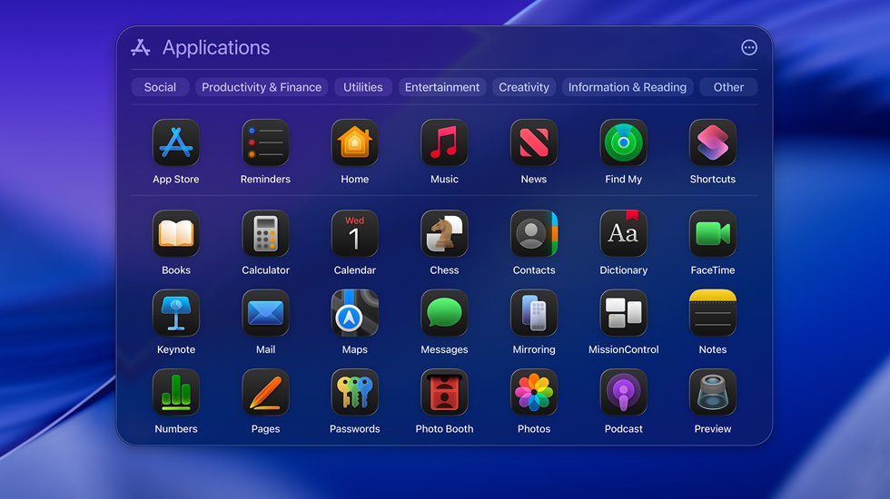 Diverses icônes d’apps sous macOS Tahoe affichées en grille.