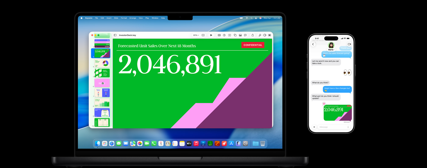 Un Mac affiche une présentation et le fond d’écran macOS Tahoe. Devant le Mac se trouve un iPhone affichant la même présentation dans un échange de textos.