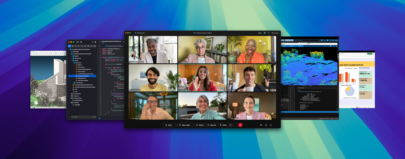 Plusieurs apps ouvertes sous macOS Tahoe, dont une réunion virtuelle de personnes souriantes sur Webex.