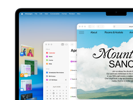 Écran affichant plusieurs fenêtres et apps à l’aide de Stage Manager, dont Keynote, Pages, Mail et un site web, avec macOS Tahoe en arrière-plan.